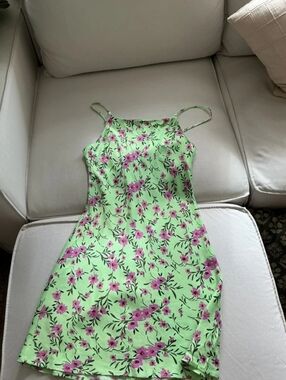 Green Floral Slip Dress with Pink Blossoms